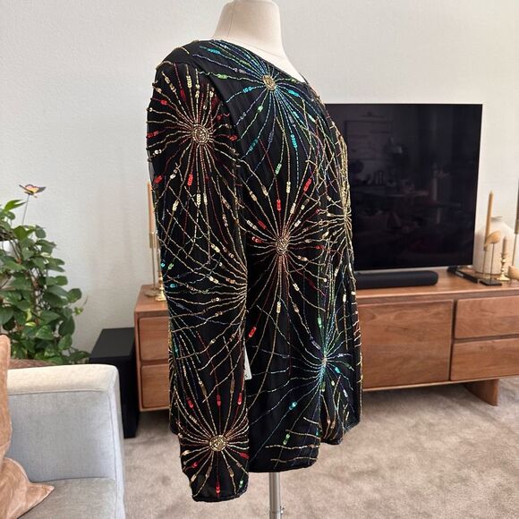 Vintage Laurence Kazar Silk Beaded Cardigan 2X Firework Colorful Evening NEW - Picture 6 of 16